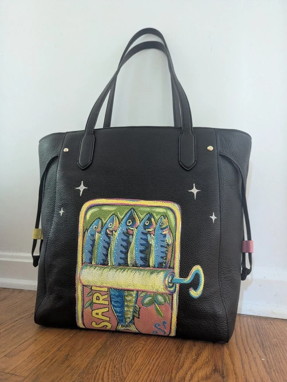 Black Handpainted Kate Spade Tote Bag with Colorful Sardine Artwork - Picture 1 of 6